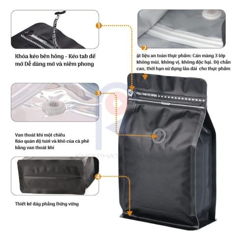 Túi zip 8 cạnh với khóa kéo bền bỉ và thiết kế đáy vuông đứng vững