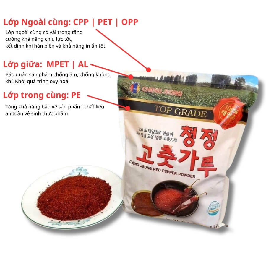 Bao bì bột ớt hàn quốc dùng màng 3 lớp bảo quản sản phẩm tốt