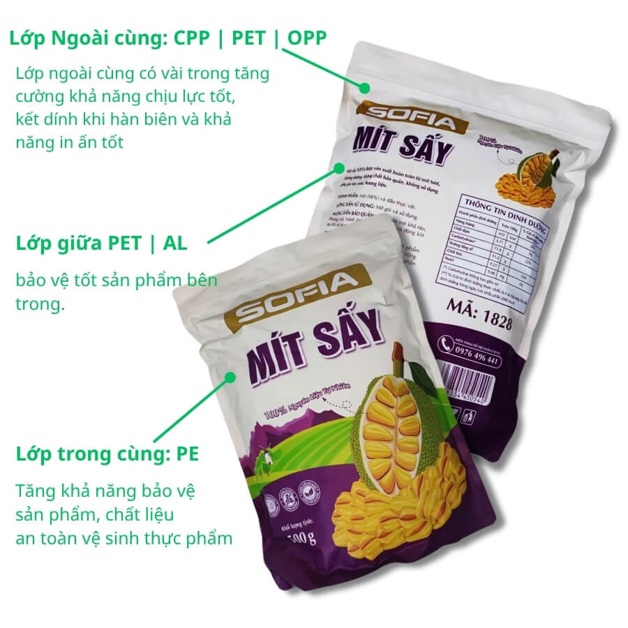 Chất liệu bao bì đựng mít sấy an toàn vệ sinh thực phẩm