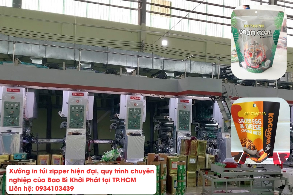 Xưởng in túi zipper hiện đại, quy trình chuyên nghiệp của Bao Bì Khởi Phát tại TP.HCM.